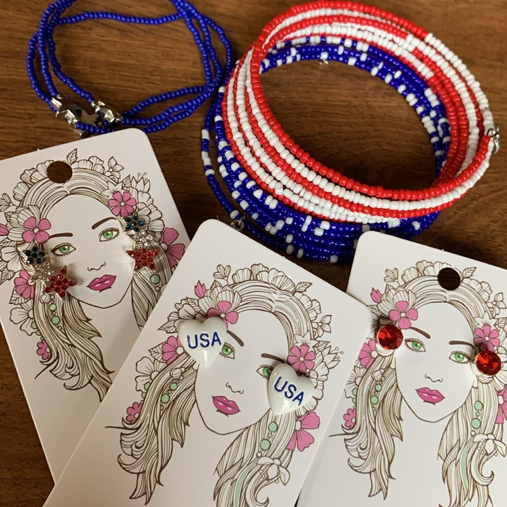 Red White Blue Jewelry Bundle Bracelets Pierce  Earrings